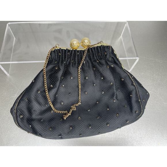 Vintage Black Sparkle Sequin & Pearl Snap Evening Bag Made In France - Picture 1 of 7
